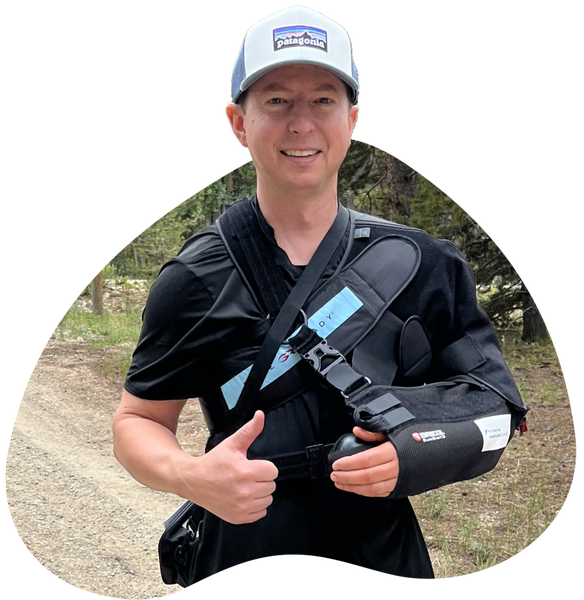 Image of a shoulder surgery patient in a sling showing why they needed rotator cuff repair with a collagen scaffold.