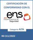 Certificacion der conformidad con el ENS Esquema Nacional de Seguridad Caetgoria ALTA RD 311/2022r